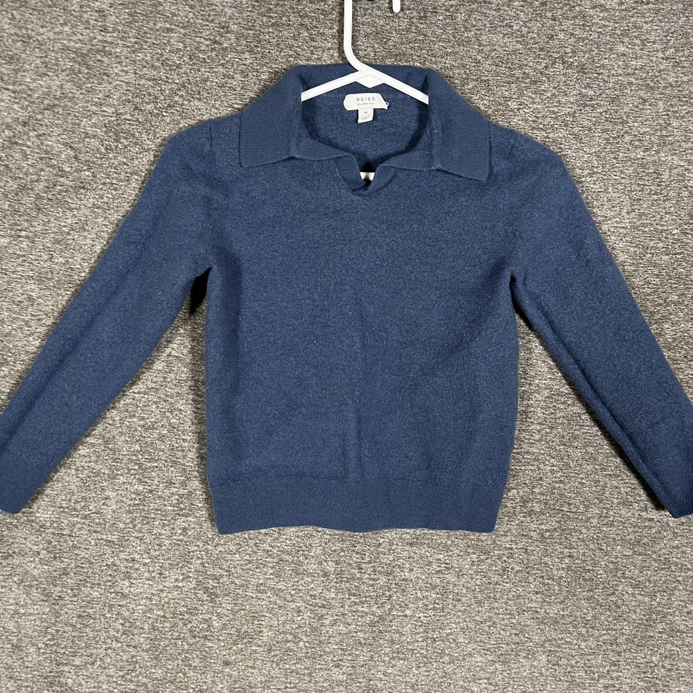 Reiss Sweater Medium FITS SMALL Blue 100%‎ Merino Wool Collared Knit Pullover